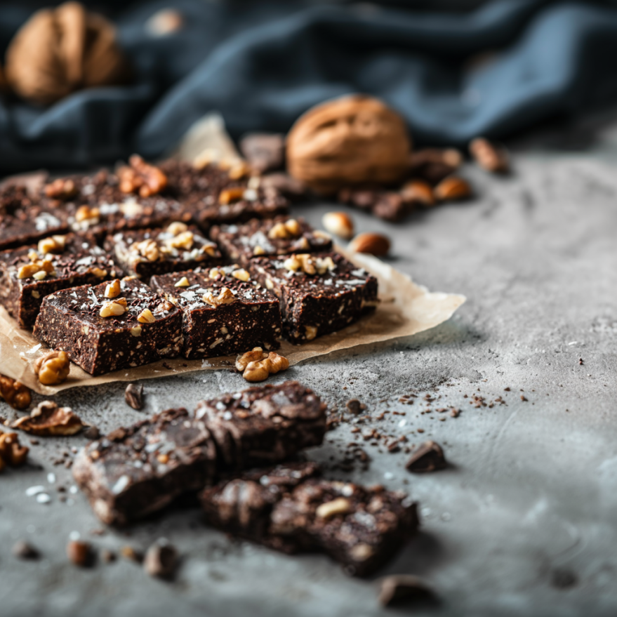 chocolate protein bars on the counter