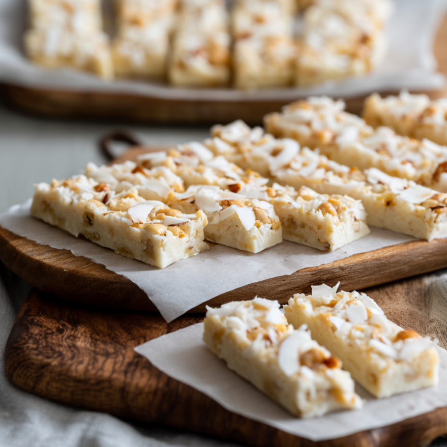 coconut macadamia bars on cutting board in the kitchen
