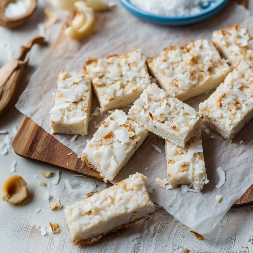 coconut macadamia bars on kitchen counter