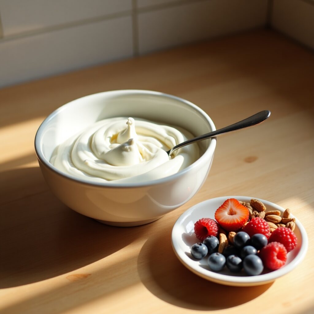 greek yogurt protein-rich foods on table with berries and nuts