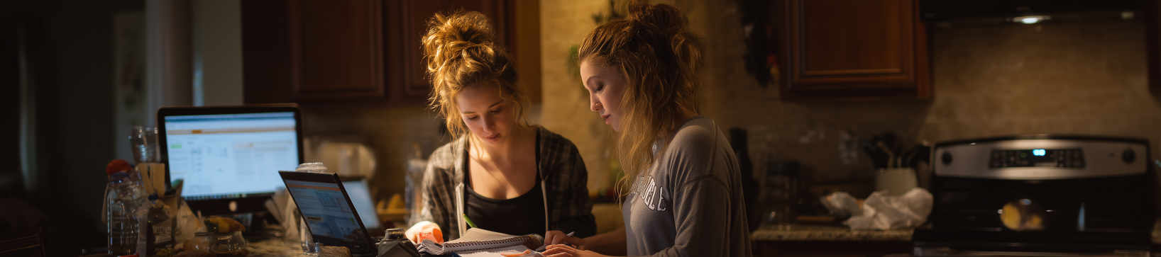 Two women in a kitchen, working at desk with computer, figuring ketogenic macros