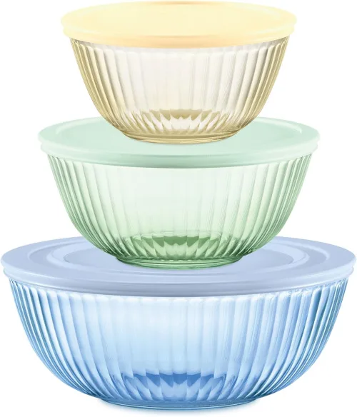 Pyrex Year of Color bowls, 3 sizes, with lids.