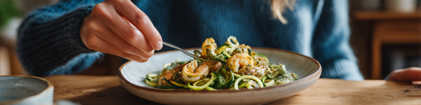 Zucchini Noodles (Zoodles) with Pesto and Grilled Shrimp