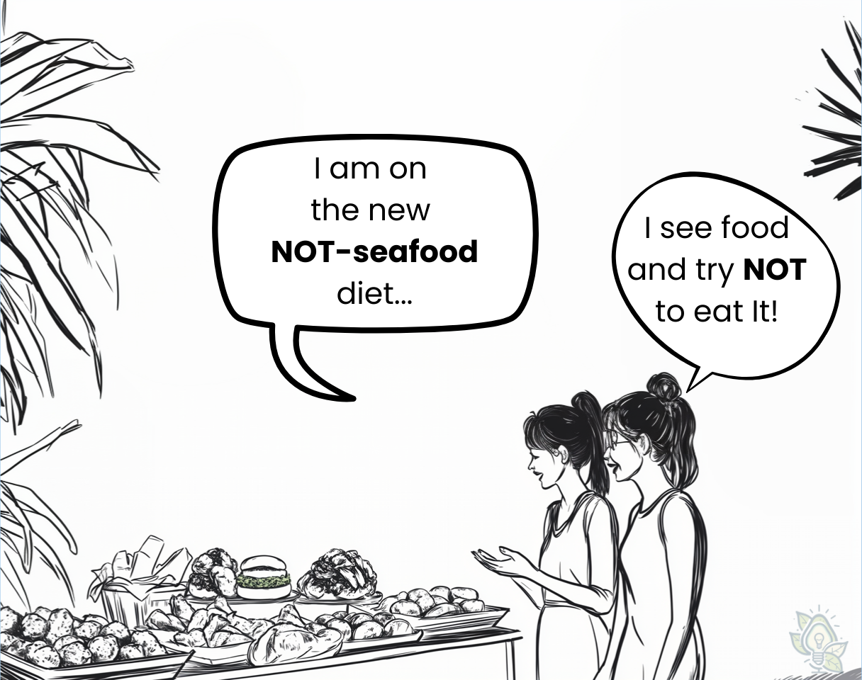 black and white drawing of two women standing before a buffet table filled with food. Says one to the other, "I'm on the new NOT seafood diet. I SEE food and I try NOT to eat it!"