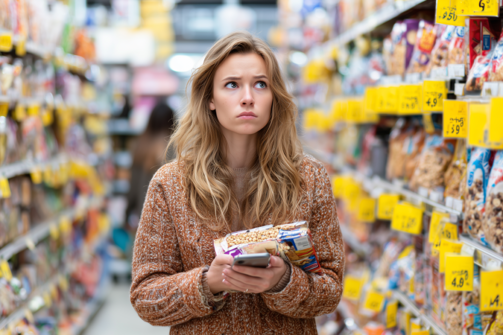 lady looking confused in the snack bar aisle, keto protein bars