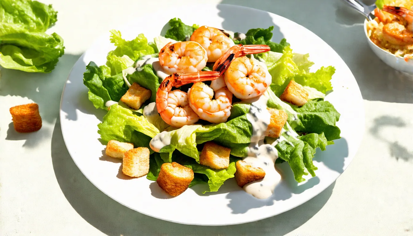 Deliciously Fresh: Caesar Salad Topped with Grilled Shrimp for a Perfect Summer Meal